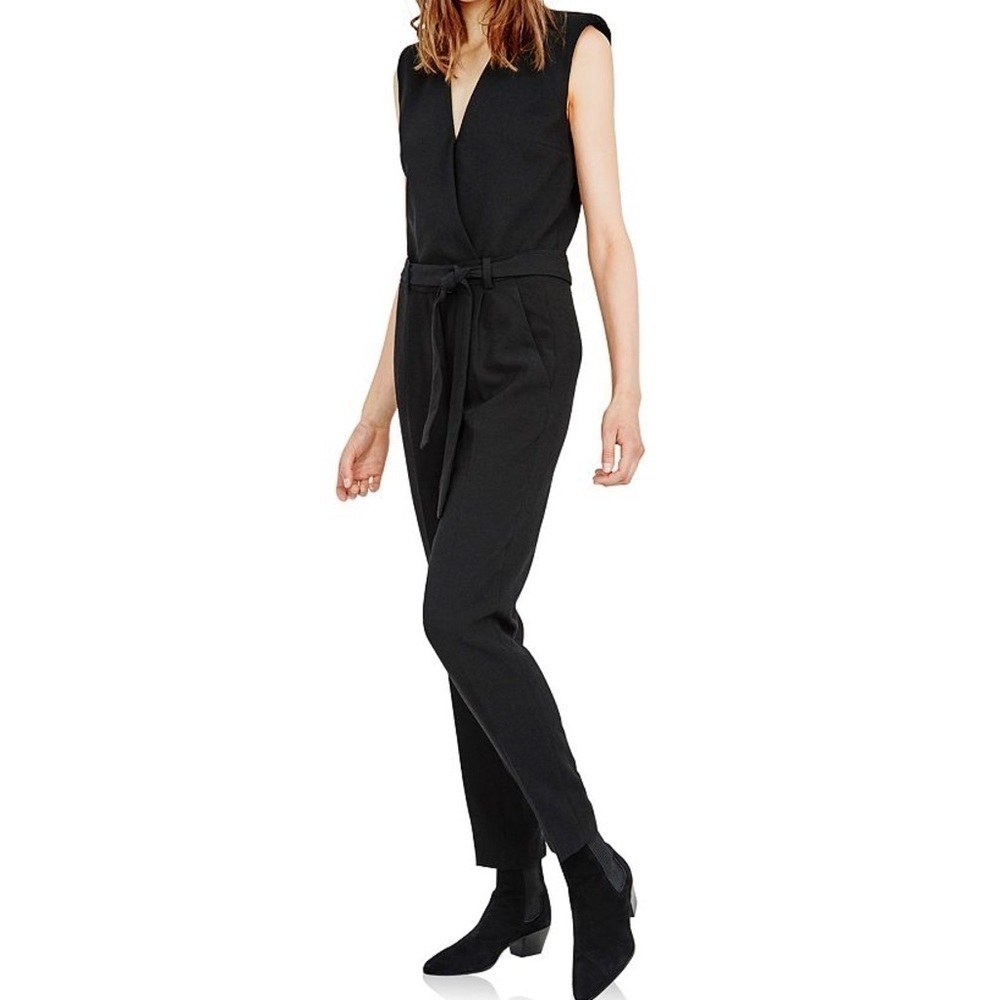 Maje Piste Black Wrap Front Sleeveless Tie Waist Tapered Jumpsuit Medium